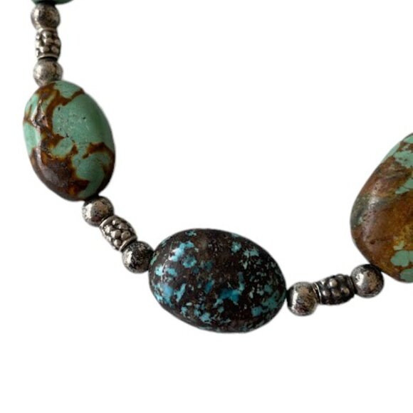 Turquoise Stone Bead Oval Nugget Sterling Silver Bracelet Hand Crafted Chunky - Picture 5 of 9